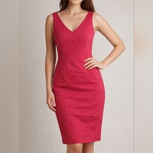 Tristan Hot Pink Sleeveless Sheath Dress | V-Neck Career Cocktail Midi
